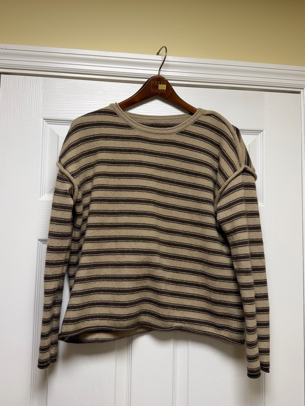 Casual Striped Crewneck Sweater in Beige and Dark Brown by